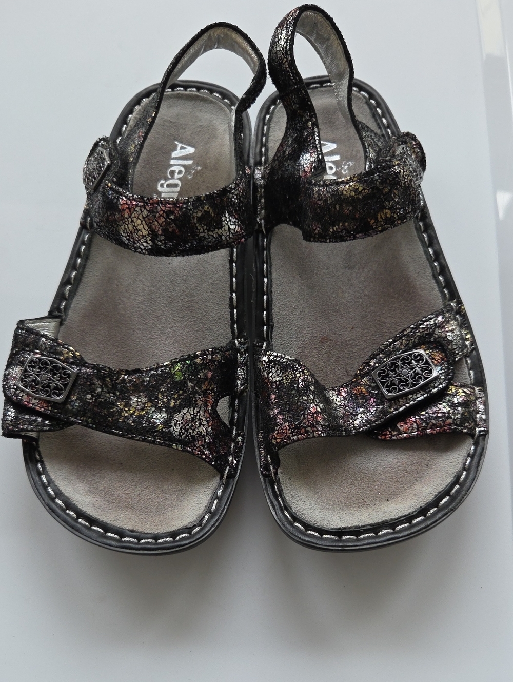 Alegria Womans Metallic Black Multi Shimmer Adjustable Sandals